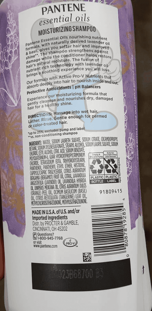 Pantene Essential Oils Moisturizing Shampoo Lavender Oil And Basil 38.2 Oz. Beauty